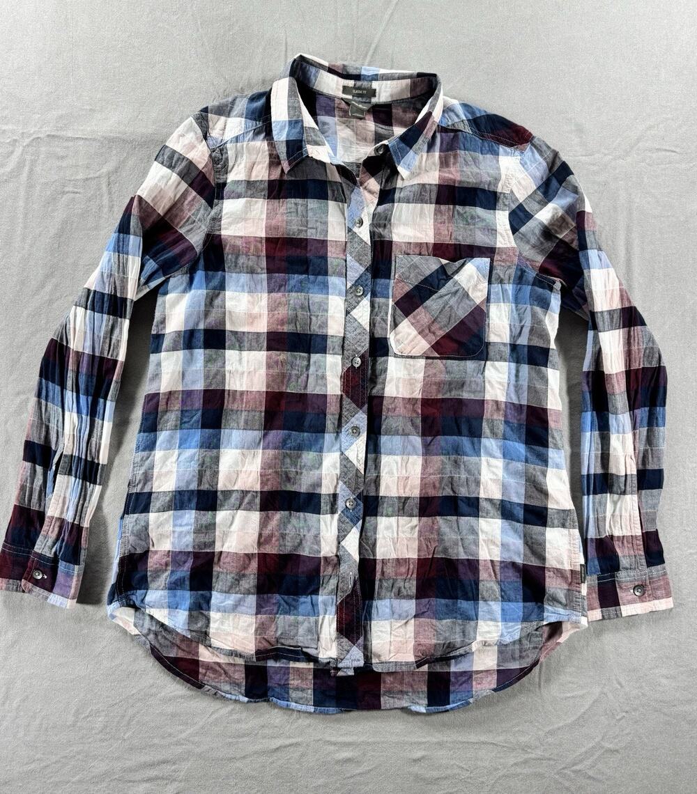 Eddie Bauer Women’s Large Plaid Button Down Shirt Navy Blue Burgundy Cotton